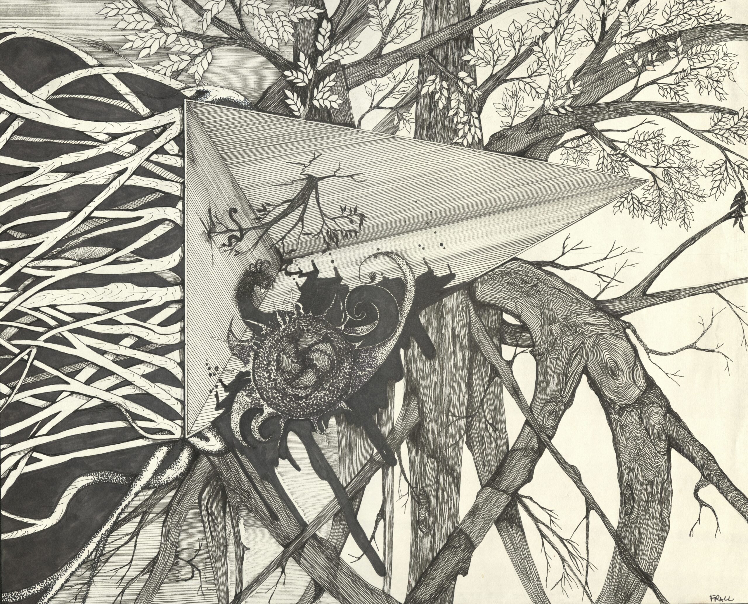 A concept drawing about the life of a tree in a grotesque way by Felicia J Rall